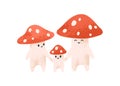 Cute amanita family. Happy fairytale fly agarics, parents and child. Funny fairy tale mushrooms with adorable faces