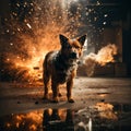 A cute amazing dog near explosion