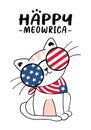 Cute Ameowrica cat 4th of July Independence day with stars and stripes glasses, cartoon doodle flat vector illustration kitten Royalty Free Stock Photo