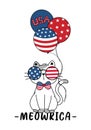 Cute Ameowrica cat 4th of July Independence day with stars and stripes glasses, cartoon doodle flat vector illustration kitten Royalty Free Stock Photo