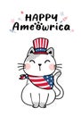 Cute Ameowrica cat 4th of July Independence day with Uncle Sam hat and America flag, cartoon doodle flat vector illustration