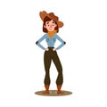 American cowgirl standing with a yellow bandana and brown hat, boots. Vector illustration in flat cartoon style Royalty Free Stock Photo