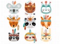 Cute American Indian animals - rabbit, deer, koala, fox, bear, panda, raccoon, owl, sloth Childish character