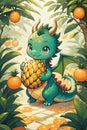 A cute anda adorable kawaii green dragon, holds a golden pineapple, in a stunning garden, with mandarin orange tree, cartoon style