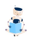 Cute robot seating on the floor and reading a book. Instructions user guide. Flat color vector illustration