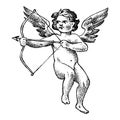 Cute angel with arrows and bow. Small aesthetic Cupids with wings fly in the sky. Children in Monochrome engraved style Royalty Free Stock Photo