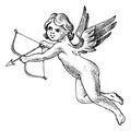 Cute angel with arrows and bow. Small aesthetic Cupids with wings fly in the sky. Children in Monochrome engraved style Royalty Free Stock Photo