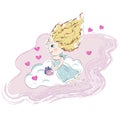 Cute angel girl on a pink cloud with little Royalty Free Stock Photo