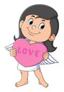 The cute angel girl is standing and holding the love doll Royalty Free Stock Photo