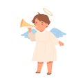 Cute angel with halo and wings blowing in trumpet. Herald boy holding music instrument. Childish colored flat vector Royalty Free Stock Photo