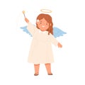 Cute angel holding magic wand with Christmas star. Happy smiling Christian girl with fairy stick, wings and halo