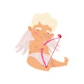 Cute angel of love sitting with sad face expression. Cartoon cupid with little wings. Baby boy with pink bow. Flat Royalty Free Stock Photo