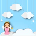 Cute angel standing on clouds in heaven. Background in paper cut, paper craft style