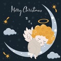 Merry christmas poster with angel and moon - vector illustration, eps Royalty Free Stock Photo
