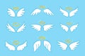 Cute angel wings. Holy angelic wing with gold nimbus. Flat cartoon magic bird or angels feathers with halo ring isolated