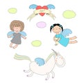 Cute angels and unicorn illustration