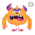 Cute angry cartoon monster. Vector furry orange monster character with tiny legs and big horns Royalty Free Stock Photo