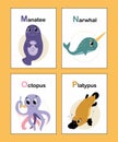 Cute animal alphabet cards from M to P. Manatee, Narwhal, Octopus, Platypus Royalty Free Stock Photo