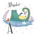 Cute animal alphabet. Cute cartoon Alligator. Vector