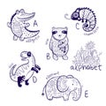 Cute zoo alphabet drawing in a chalk style. Hand drawn contour illustration