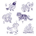 Cute zoo alphabet drawing in a chalk style. Hand drawn contour illustration