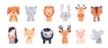 Cute animal baby faces set vector illustration. Hand drawn nursery characters collection with cat, dog, lion, tiger Royalty Free Stock Photo