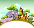 Cute animal cartoon with blank sign and tropical forest background Royalty Free Stock Photo