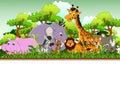 Cute animal cartoon with blank sign and tropical forest background Royalty Free Stock Photo