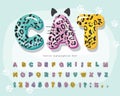 Cute animal cartoon font for kids. Funny leopard, jaguar, cheetah skin alphabet. Decorative fur print letters and Royalty Free Stock Photo