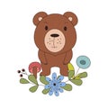 Cute animal in cartoon style. Woodland bear with forest design elements. Vector illustration Royalty Free Stock Photo