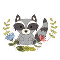 Cute animal in cartoon style. Woodland raccoon with forest design elements. Vector illustration Royalty Free Stock Photo