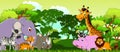 Cute animal cartoon with tropical forest background Royalty Free Stock Photo