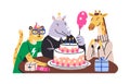 Cute animal characters at birthday party, celebrating with holiday cake, balloon and gifts. Funny comic friends at bday