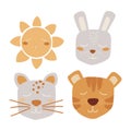 Cute animal characters in a hand drawn doodle style. Tiger, kitten, sunshine and bunny for baby shower and gender party. Ready to