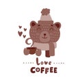 Cute animal with coffee mug sepia vector illustration. Lovely bear in hat and scarf with hot drink cup