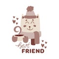 Cute animal with coffee mug sepia vector illustration. Lovely cat in hat and scarf with hot drink cup