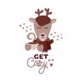 Cute animal with coffee mug sepia vector illustration. Lovely deer in scarf with hot drink cup
