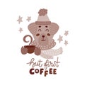 Cute animal with coffee mug sepia vector illustration. Lovely dog in hat and scarf with hot drink cup