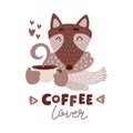 Cute animal with coffee mug sepia vector illustration. Lovely fox in scarf with hot drink cup