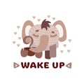 Cute animal with coffee mug sepia vector illustration. Lovely mammoth in scarf with hot drink cup