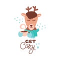 Cute animal with coffee mug vector colorful illustration. Lovely deer in scarf with coffee hot drink cup