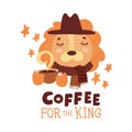 Cute animal with coffee mug vector colorful illustration. Lovely lion in hat and scarf with hot drink cup