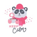 Cute animal with coffee mug vector colorful illustration. Lovely panda bear in hat and scarf with hot drink cup