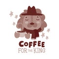 Cute animal with coffee mug vector sepia illustration. Lovely lion in hat and scarf with hot drink cup