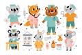 Cute animal doctors. Medical characters with different tools in uniform. Koala with first aid kit. Fox with stethoscope