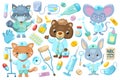 Cute animal doctors and medical tools, clipart on white background. Face mask, gloves and hand sanitizer icon