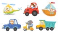 Cute animal drivers. Animal driving car, tractor and truck. Toy helicopter, sailboat and urban scooter cartoon vector Royalty Free Stock Photo