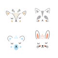 Cute Animal face. Cartoon animals collection, deer, raccoon, bear and rabbit. Vector illustration