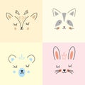 Cute Animal face. Cartoon animals collection, deer, raccoon, bear and rabbit. Vector illustration Royalty Free Stock Photo