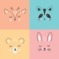 Cute Animal face. Cartoon animals collection, deer, raccoon, bear and rabbit. Vector illustration Royalty Free Stock Photo